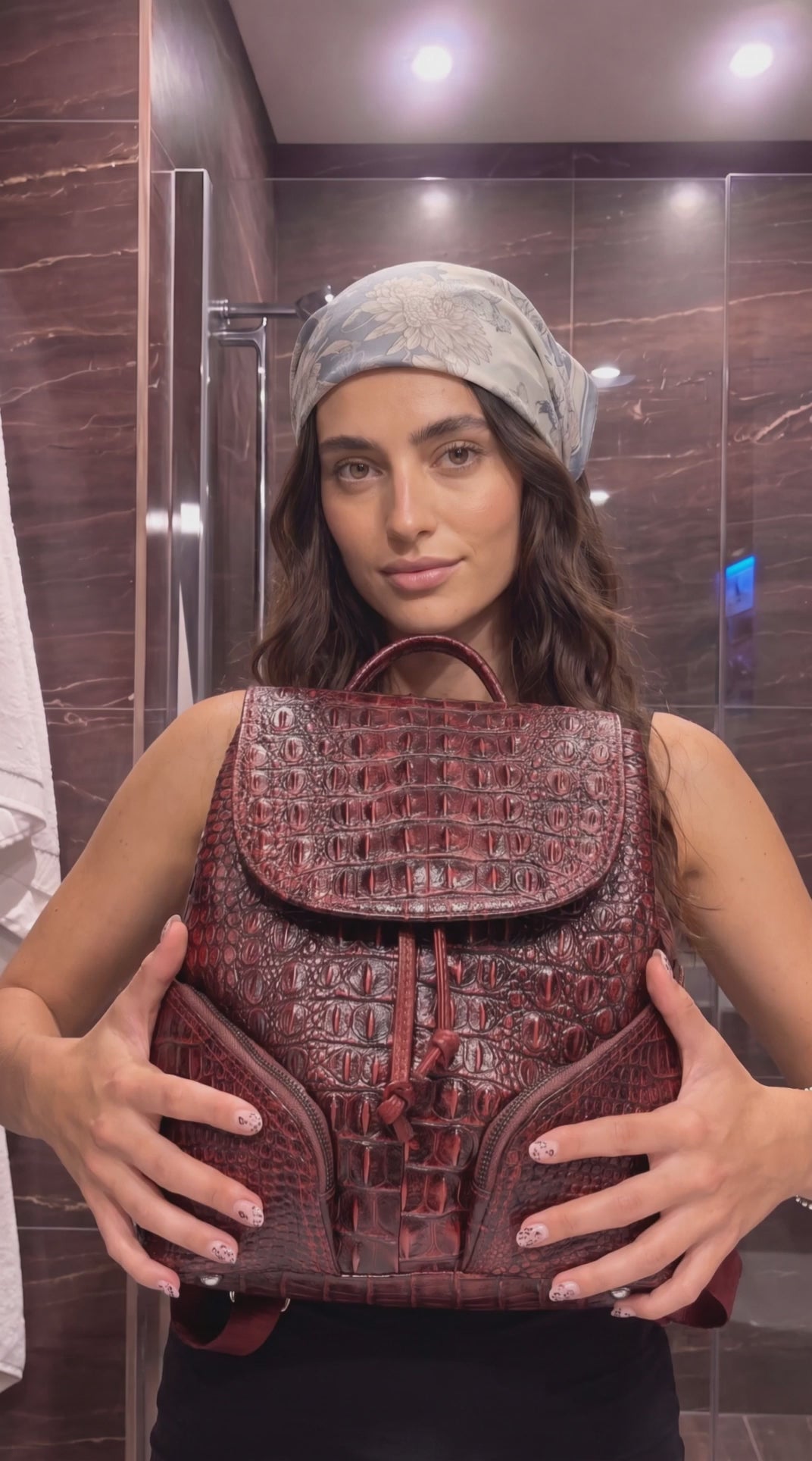 Vintage Style Handcrafted Leather Backpack with Crocodile Pattern