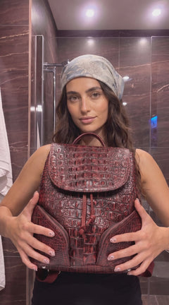 Vintage Style Handcrafted Leather Backpack with Crocodile Pattern