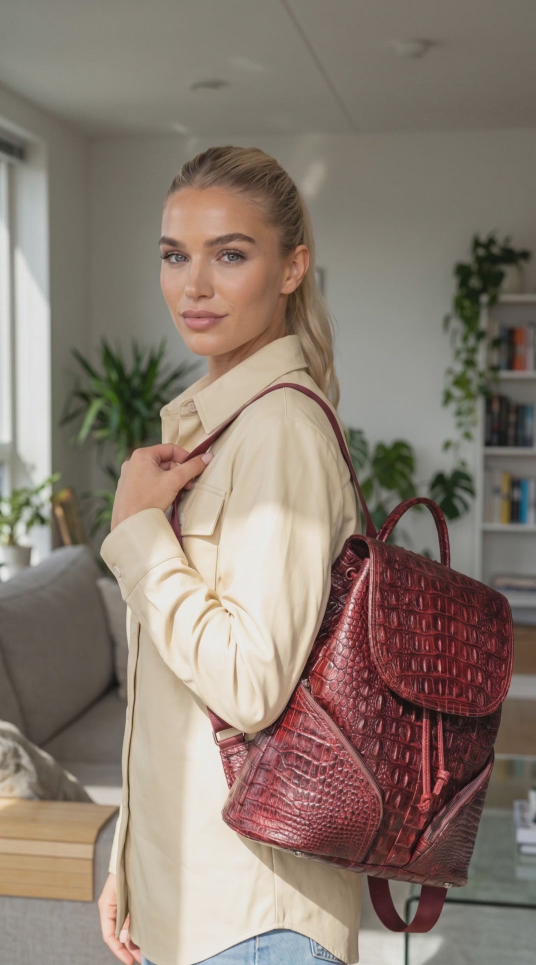 Vintage Style Handcrafted Leather Backpack with Crocodile Pattern